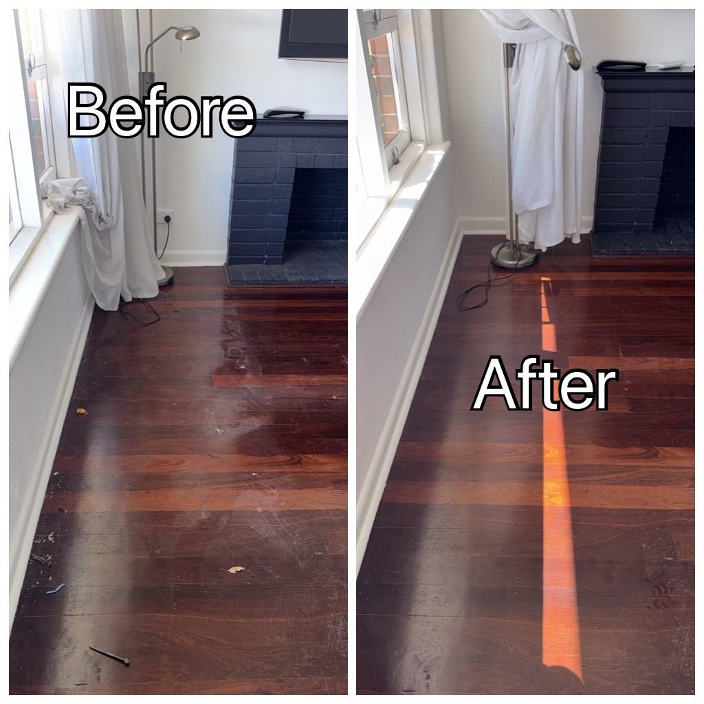 Timber floor before and after a bond clean in Perth