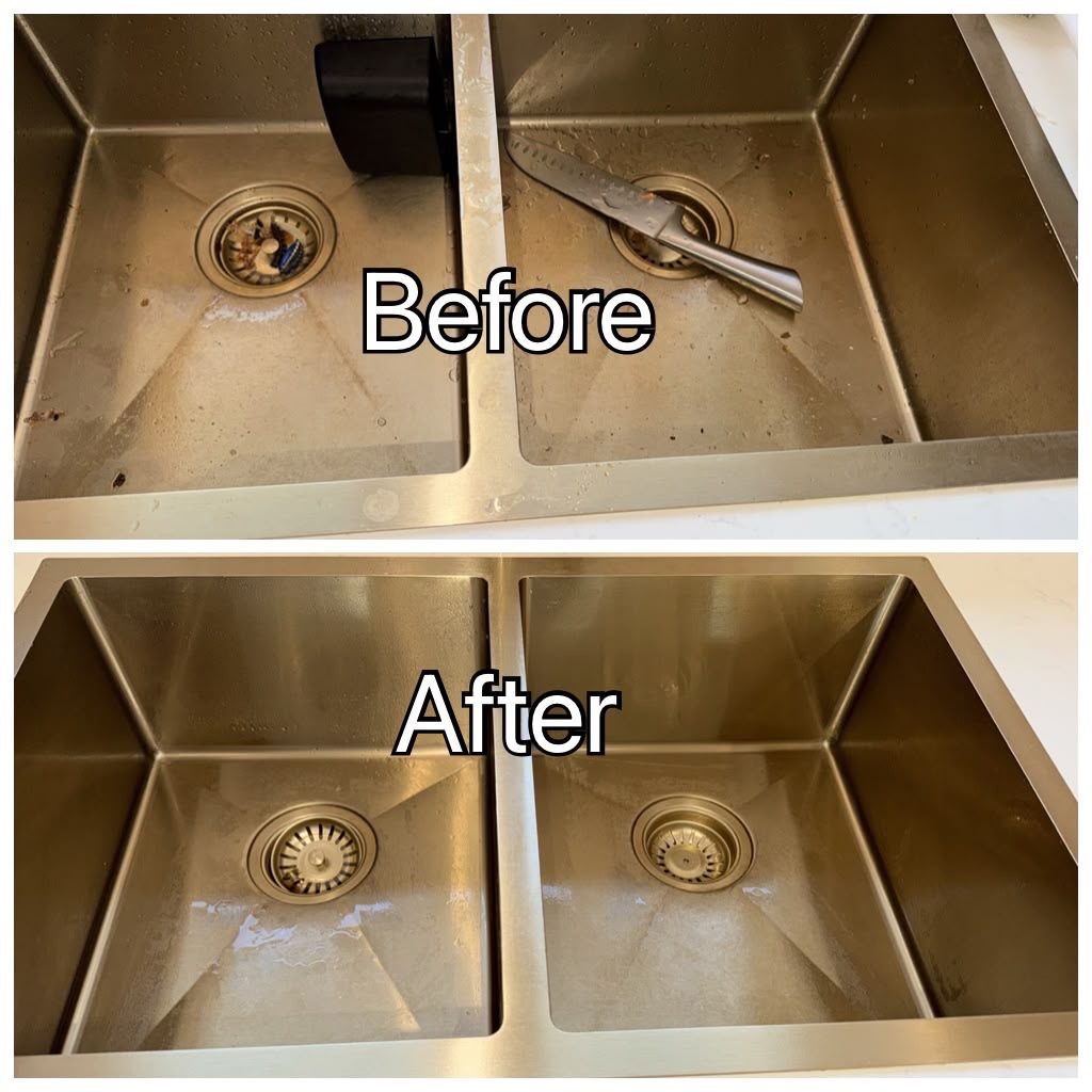 Kitchen sink before and after a deep clean in Perth
