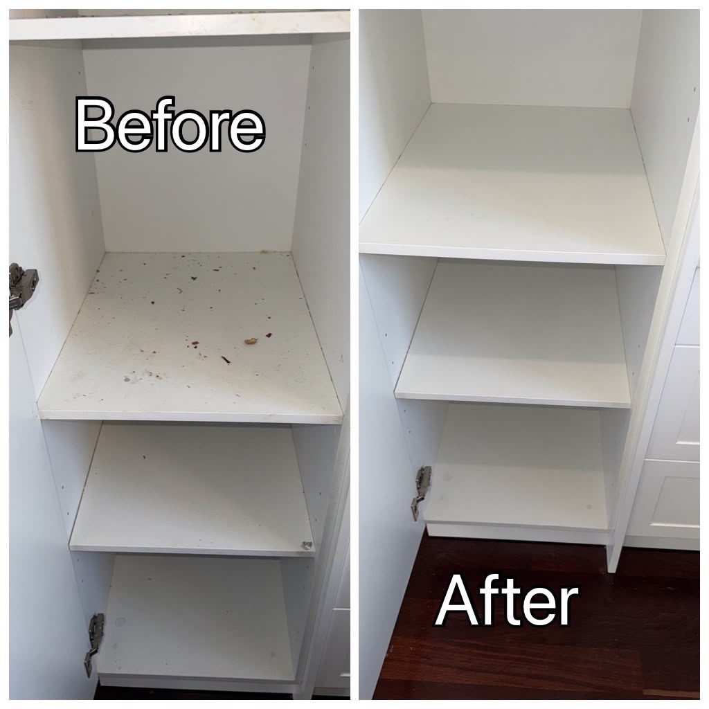 Kitchen cupboard shelves before and after cleaning in Perth
