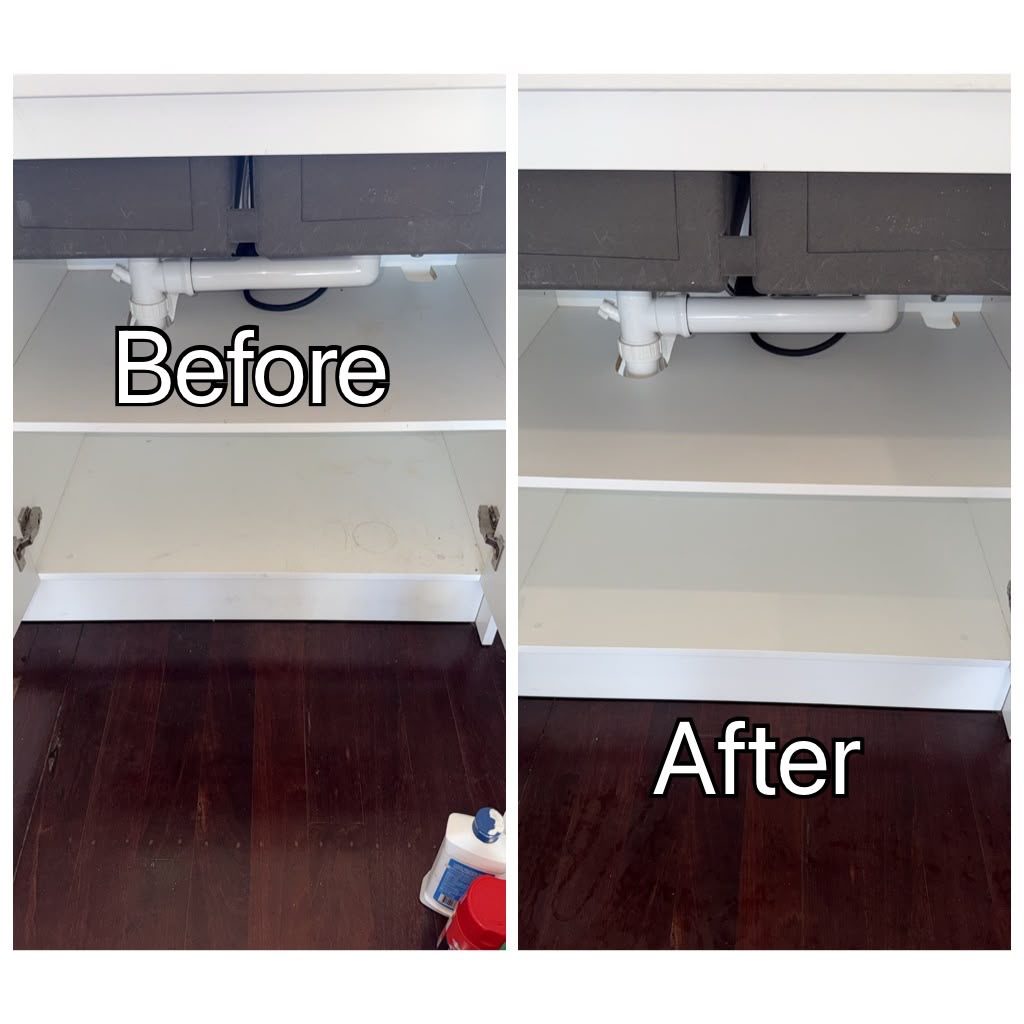 Under-sink cabinet before and after cleaning in Perth